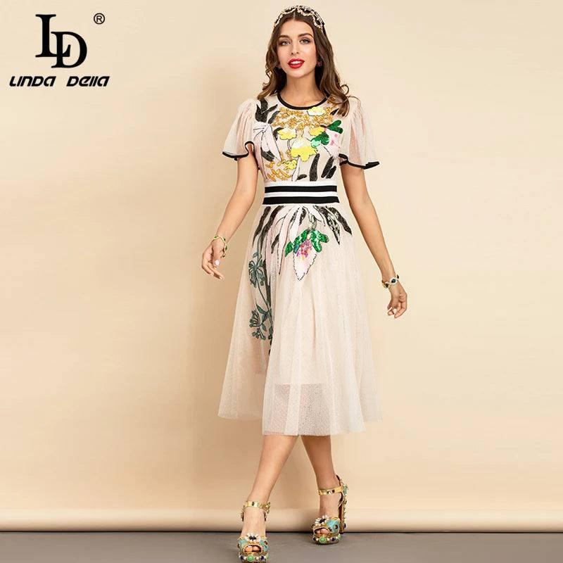 LD LINDA DELLA New 2021 Women Summer Fashion Runway Midi Dress Butterfly Sleeve Sequined Embroidery Ladies Slim A-Line Dresses-3