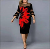 Dress Women Evening Party 2021 Midi Elegant Lace Print Floral Casual Black Vintage Knitted Clothing 4xl 5xl 6xl Plus Size-Red-9