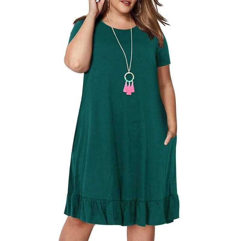 Chic Plus-Size Ruffle Hem Dress in Emerald Green-green-5