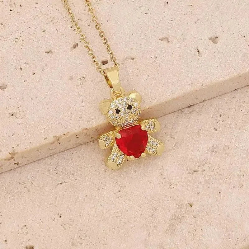 Copper Micro Inlaid Zircon Bear Love Gem Necklace-4
