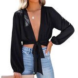 Chiffon Shirt V Neck Tie Bow Crop Top Women's-Black-5