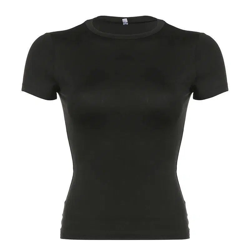 CIBBAR Basic Solid Crop Top Short Sleeve Crewneck Skinny-black-7