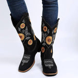 Cowboy Boots Women Sunflower Embroidery Shoes Low Heel-6