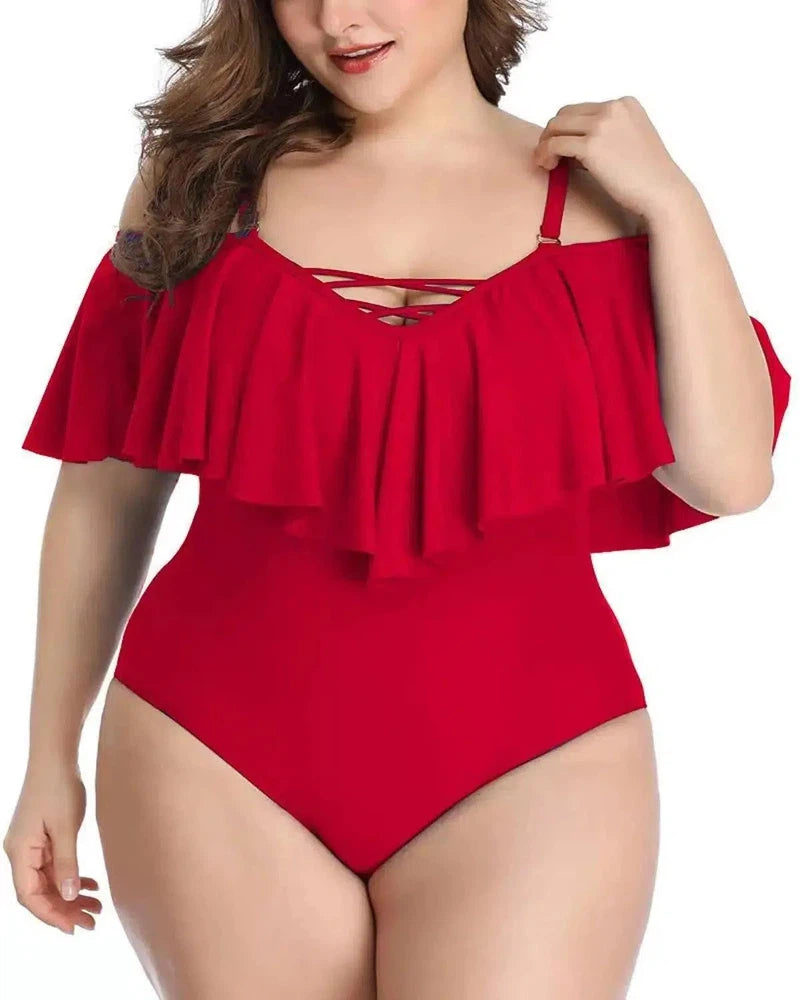 Cross Solid Color Ruffled Large Size Slim Bikini Swimsuit-Red-5