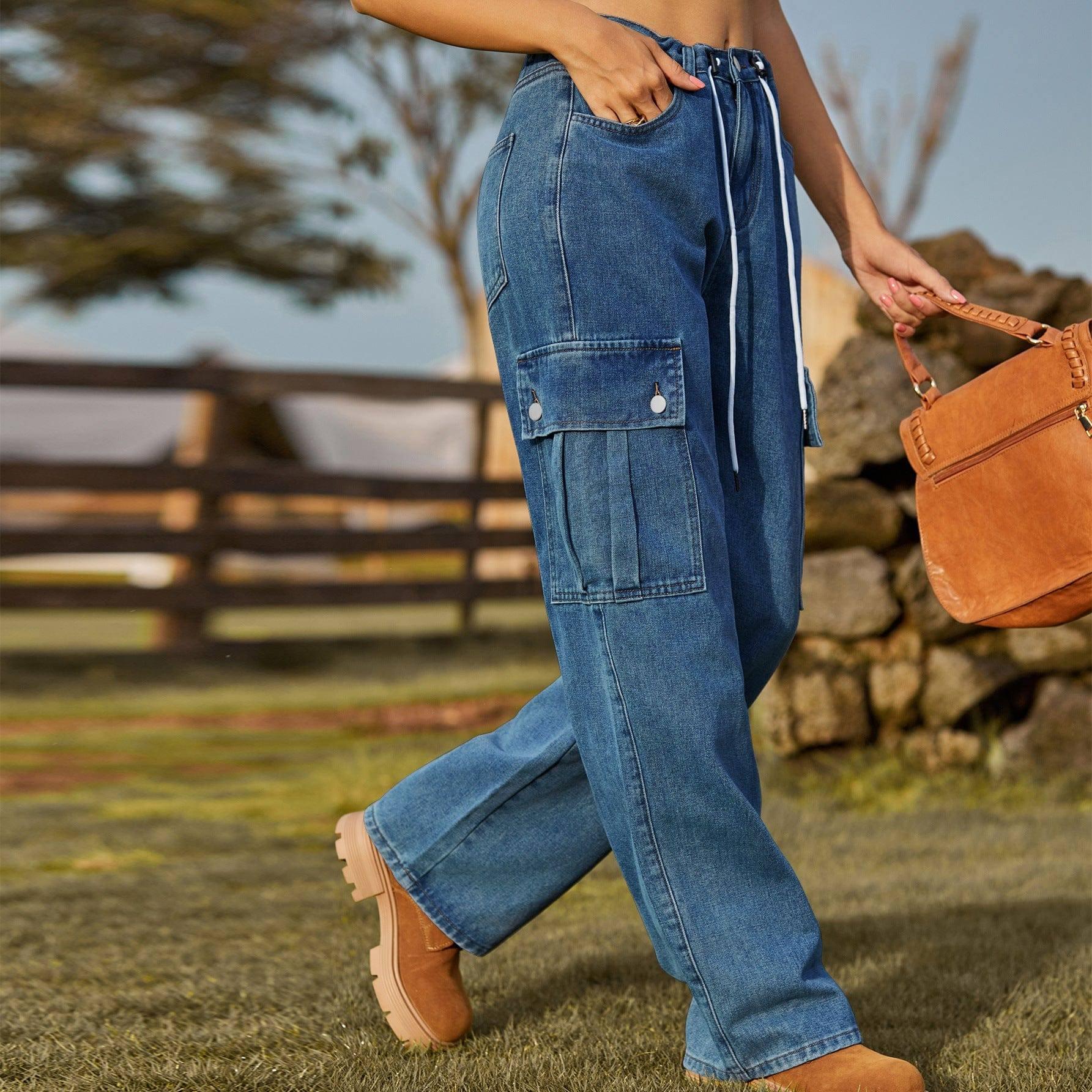 Denim Drawstring Adjustable Washed Overalls Casual Women-Dark Blue-5