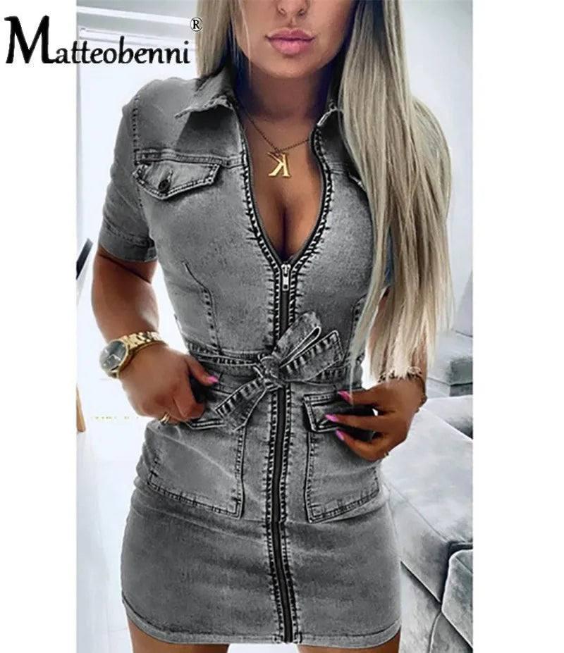 Denim Dress Zipper Casual V Nec-GRAY-10