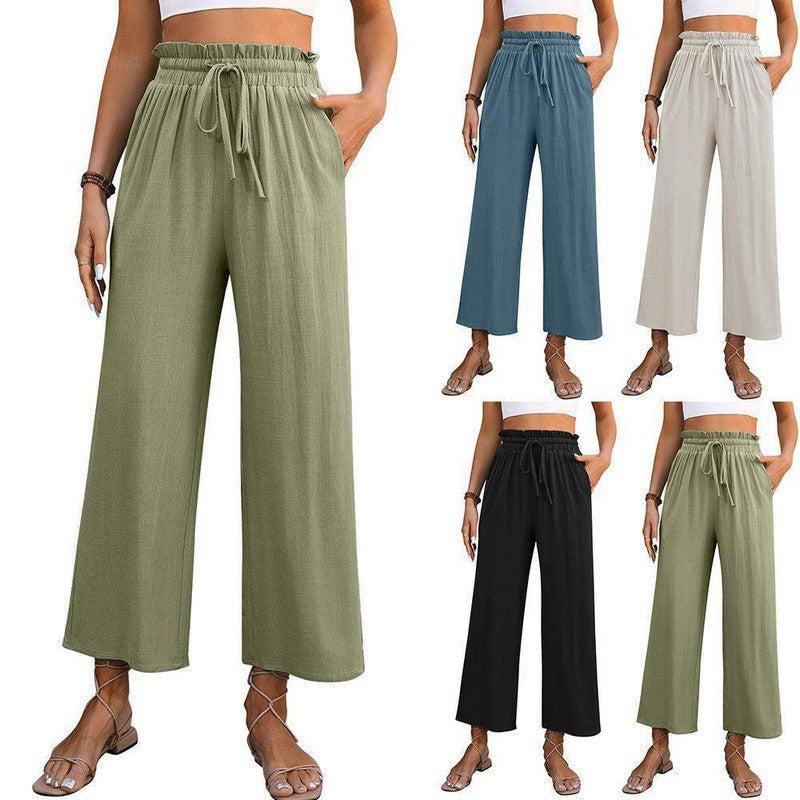 Drawstring High Waist Straight Pants Summer Casual Solid-1