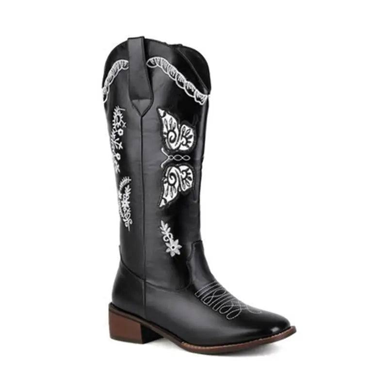 Embroidered Square Toe Mid-heel Boots For Women-Black-6