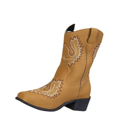 Embroidery Western Boots Chunky Mid Heel Cowboy Boots Women-Khaki-6