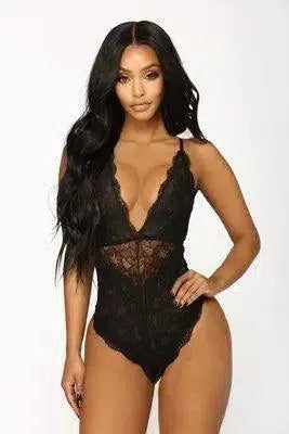 Lingerie Black Lace Up Women's One Piece-Black-1