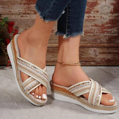 Ethnic Linen Wedge Sandals-3