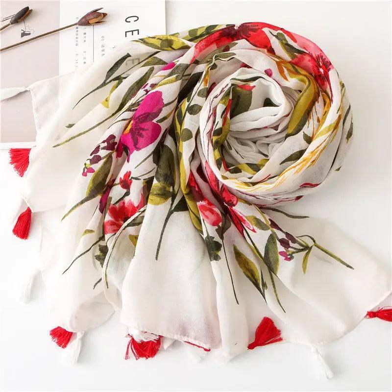 Ethnic Vintage Floral Cotton And Linen Fringe Scarf-Red-1