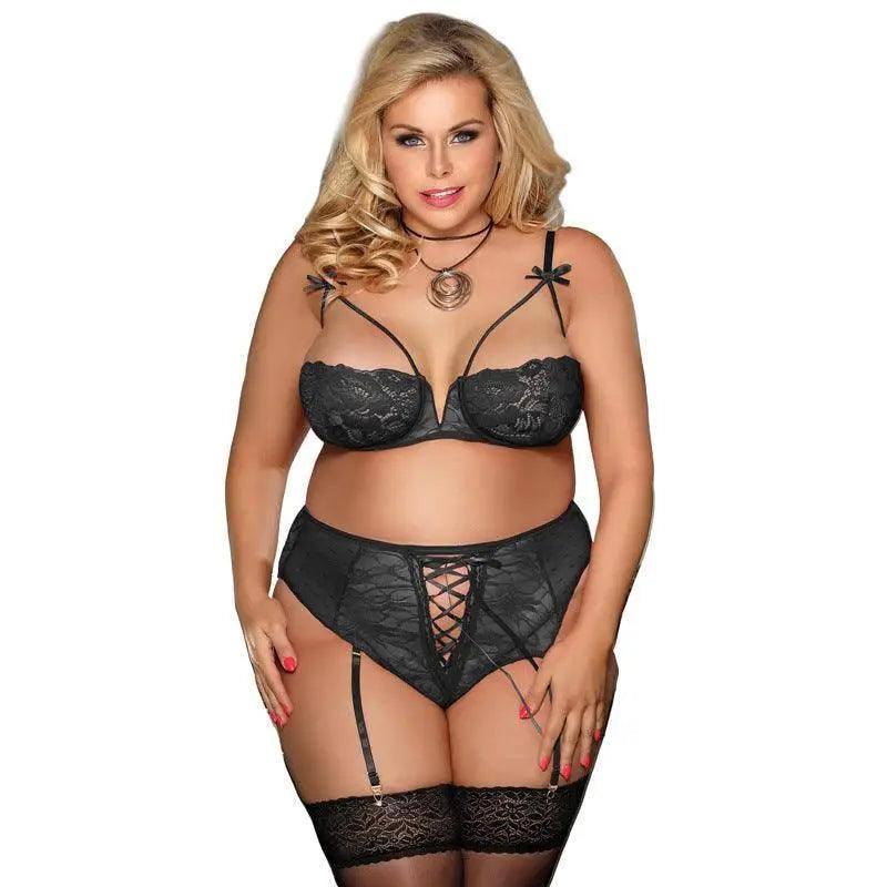 European And American Plus Size Lingerie Lace Suit-Black-1