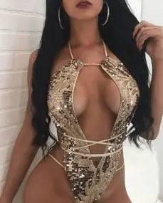 European And American Sequined Ladies One-piece Halter-Golden-4