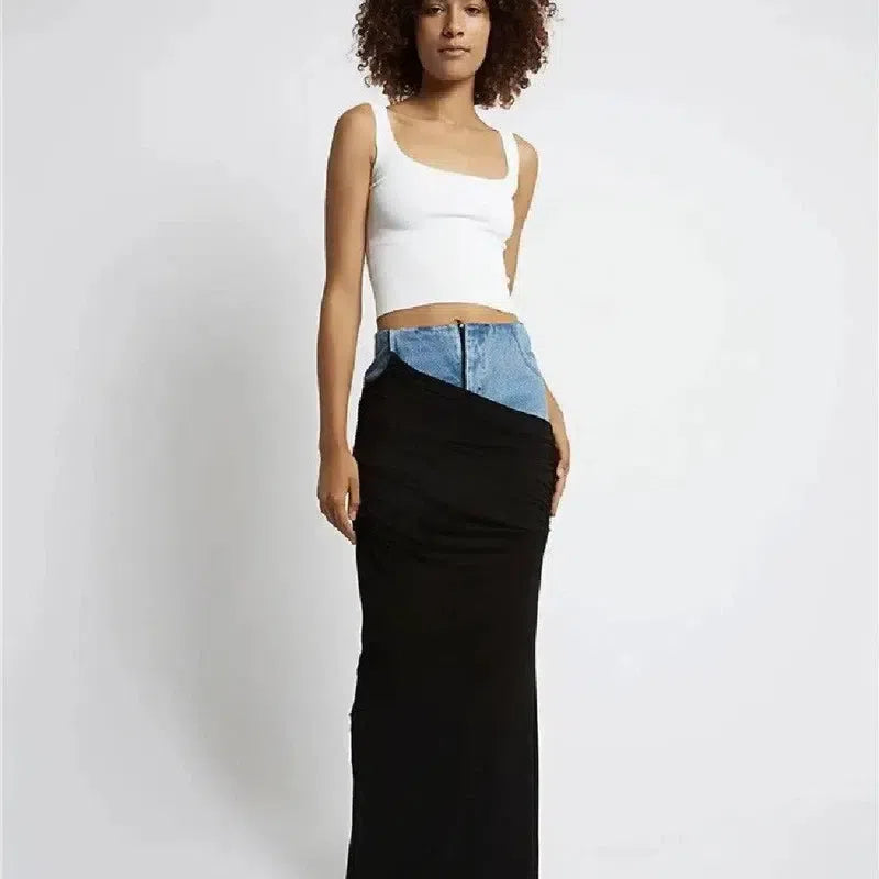 Fashion Black Panel Denim Skirt-8