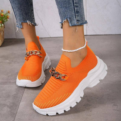 Fashion Chain Design Shoes For Women Breathable Casual Soft Sole Walking Sock Slip On Flat Shoes-Orange-1