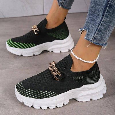 Fashion Chain Design Shoes For Women Breathable Casual Soft Sole Walking Sock Slip On Flat Shoes-Black-2