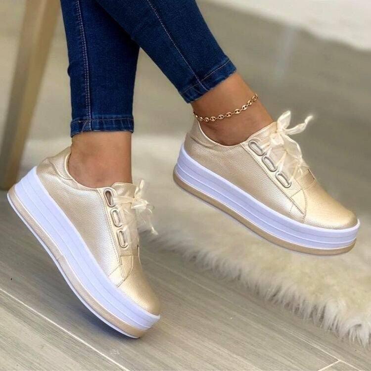 Fashion Flats Sneakers Women Ribbon Lace-up Platform Shoes-Gold-2