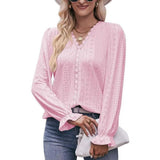 Fashion Lace V-neck Long Sleeve Top-Pink-13