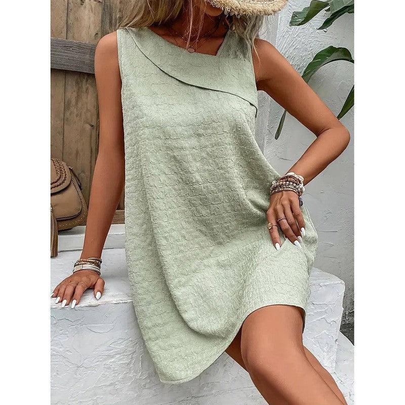 Fashion Solid Color Sleeveless Dress Summer Slim-Yellow Green-2