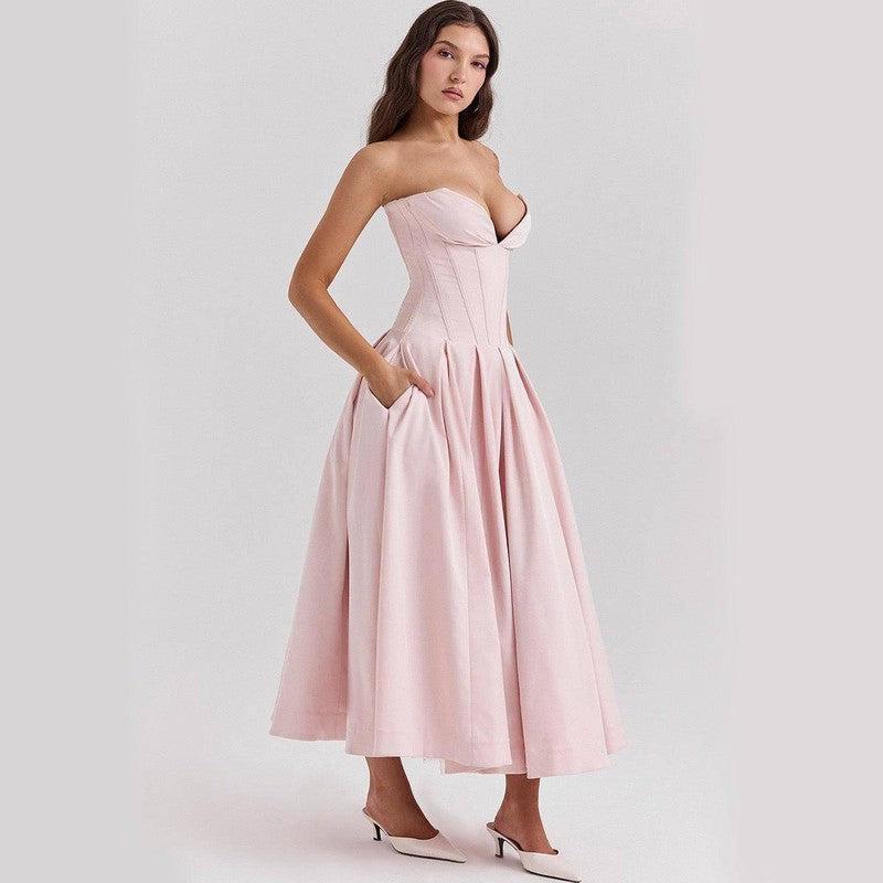 Fashion Tube Top Dress With Pockets Summer Backless Fishbone-3