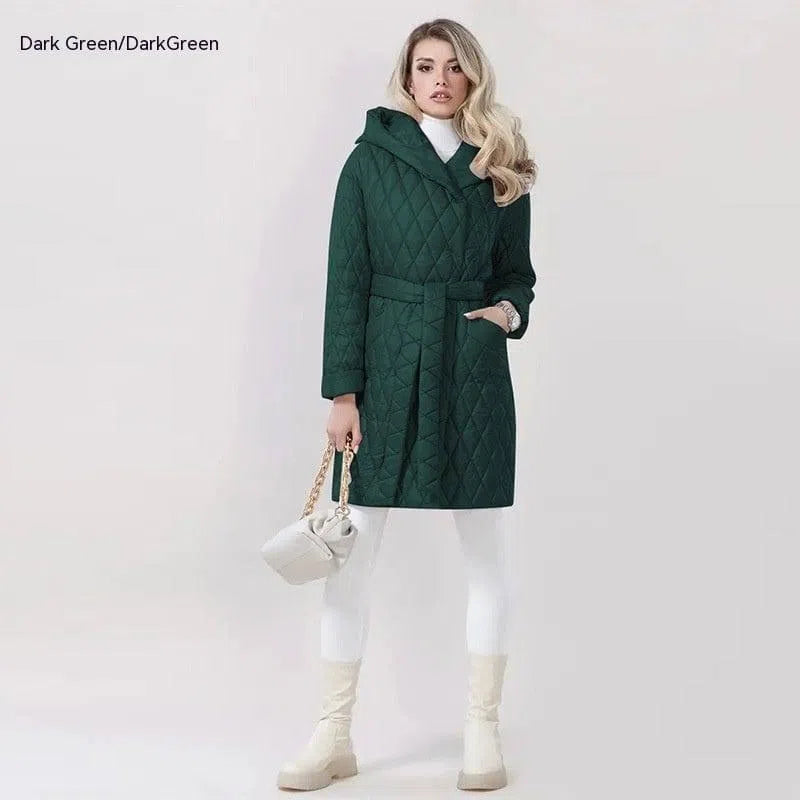 Fashion Woman Cotton Dress Coat Solid Color Hooded Warm-Dark Green-10