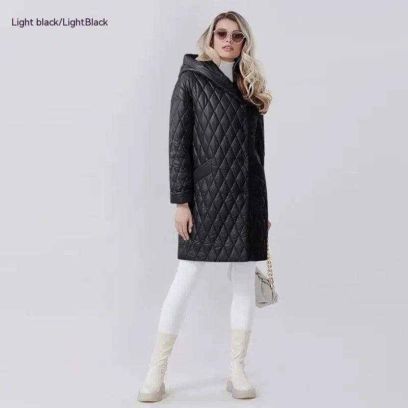 Fashion Woman Cotton Dress Coat Solid Color Hooded Warm-Greyish Black-8