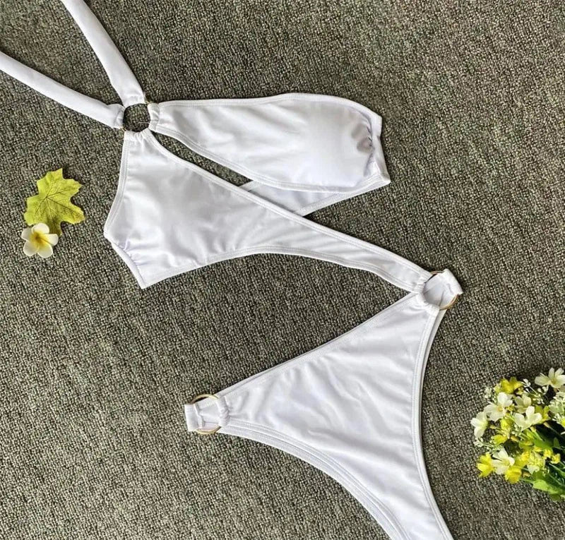 Fashion Women One-piece Hollow Out Bikini Solid Color-White-3