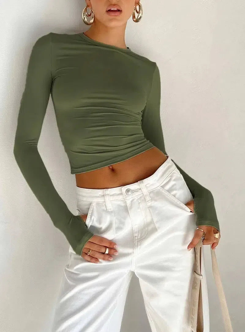 Fashion Women T-shirt Long Sleeve Crew Neck Solid Slim Fit-army green-10