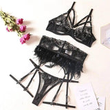 Feather Embroidered Lingerie Three Piece Set-Black-2