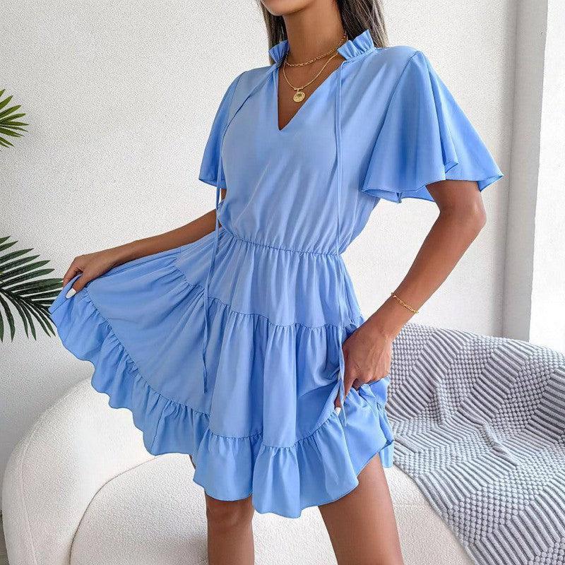 Female Flounced Skirt Ribbon Big Hem A- Line Skirt Solid-Blue-6