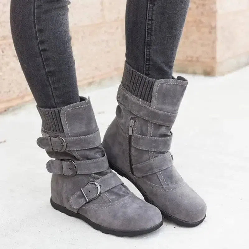 Flat large size short boots women thick cotton boots-Grey-4