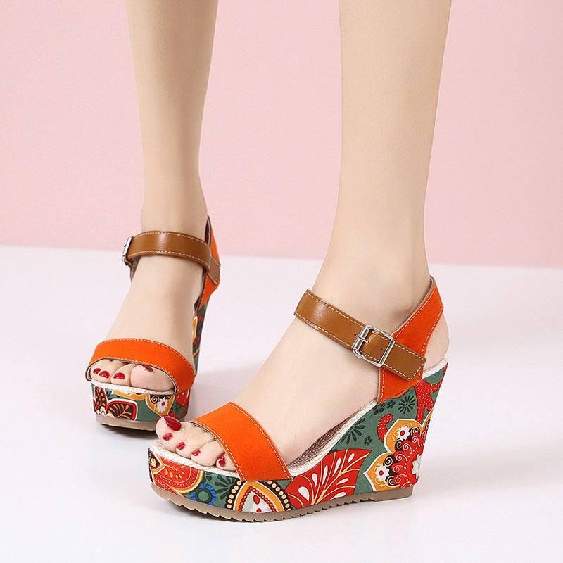 Floral Embroidered Sandals - Stylish Wedge Design-Orange-3