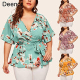 Deenor L-5xl Women's V-neck Short Sleeve Print Waist Tie Loose Chiffon Top Plus Size Ol Commuter Tie-up Pullover Top-2