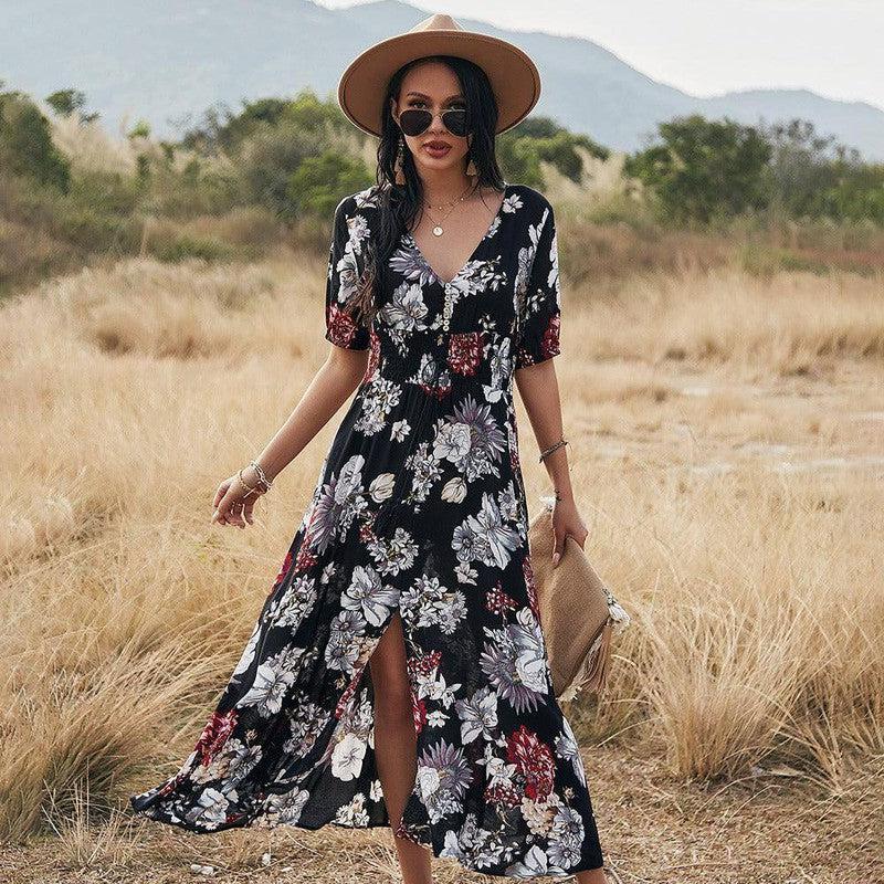 Floral Summer Beach Dress With V Neck Elastic Waist Dresses For Women-Black-1