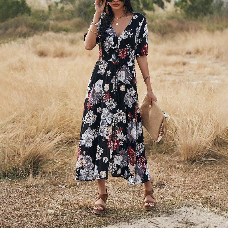 Floral Summer Beach Dress With V Neck Elastic Waist Dresses For Women-5