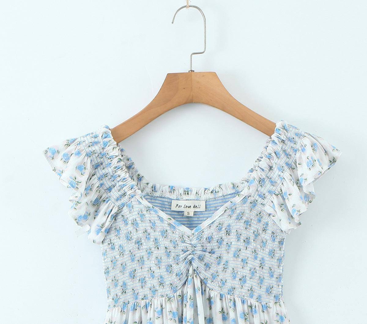 French Vacation Style Small Blue Flowers Elastic Loose Dress-9