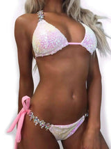 Gradient Sequins Rhinestone Swimsuit Suit Women Bikini-Pink-2