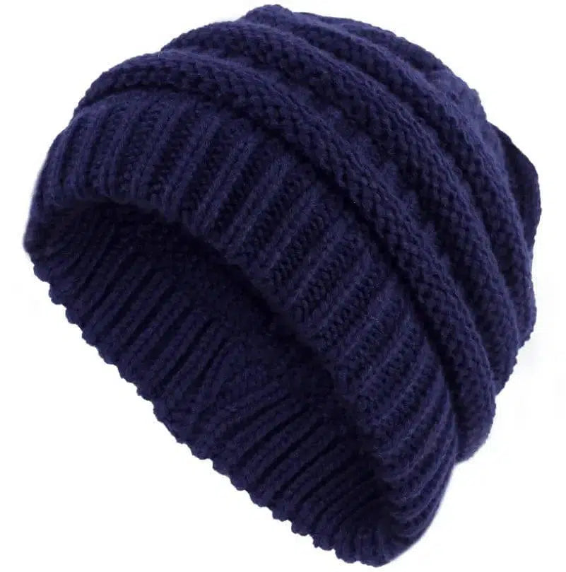 High Bun Ponytail Beanie Hat Chunky Soft Stretch Cable Knit-Darkblue-23