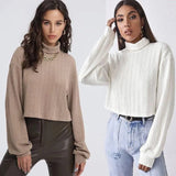 High Collar Long Sleeve Knitted Solid Loose Sweater For-1