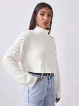 High Collar Long Sleeve Knitted Solid Loose Sweater For-5