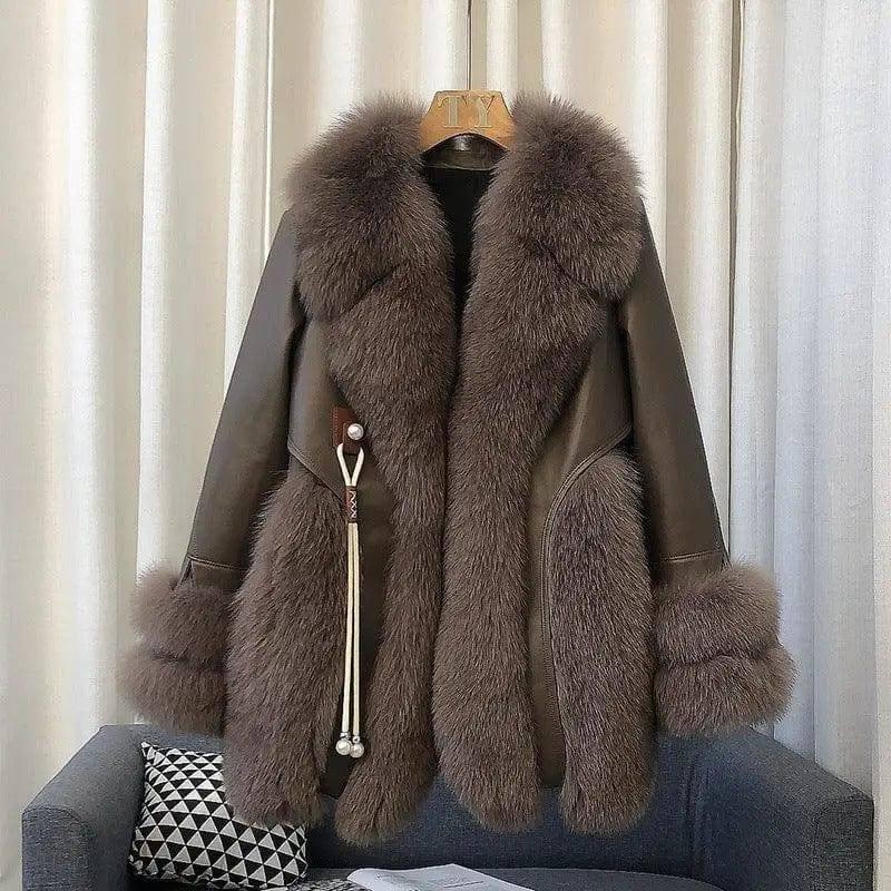 High-end Imported Whole Skin Fox Fur Coat Female-Cocoa color-6