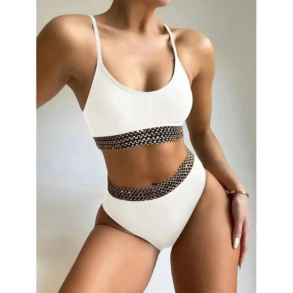 High Waist Bikini European And American Swimsuit Black Pit-White-2