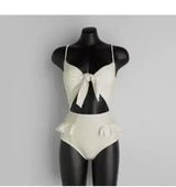 High waist bow hot spring swimming costume-White-2