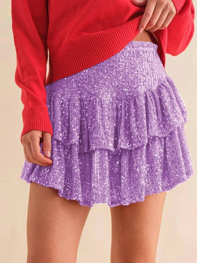 High Waist Sequined Pleated Skirt Women's Clothing Hot Girl Party Short Dress-Purple-11