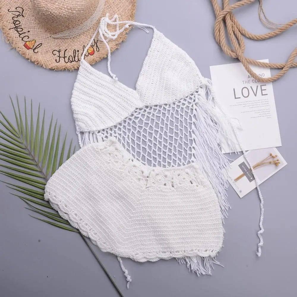 Hollow Crochet Tassel Strap Top Split Swimsuit-White-1