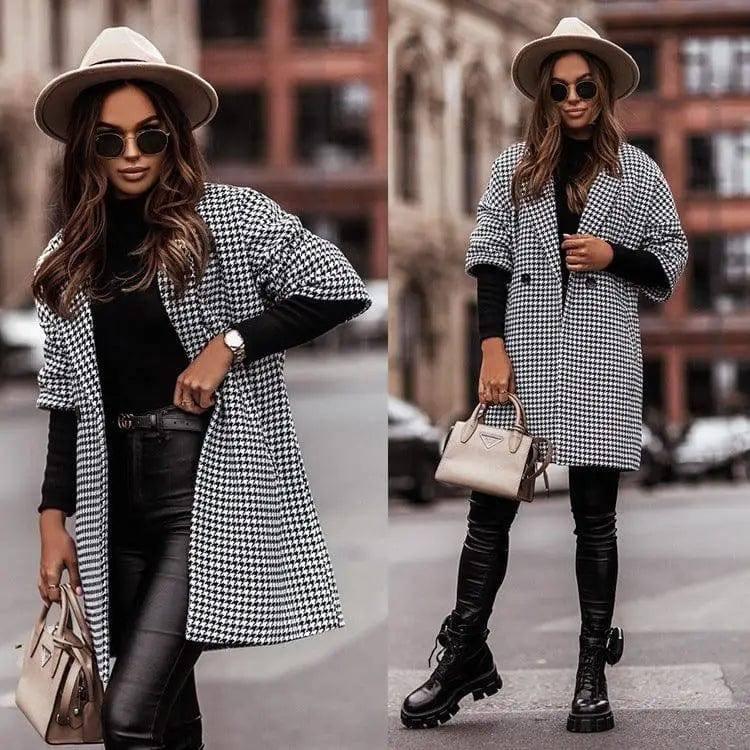 Houndstooth Three-Quarter Sleeve Woolen Coat-1