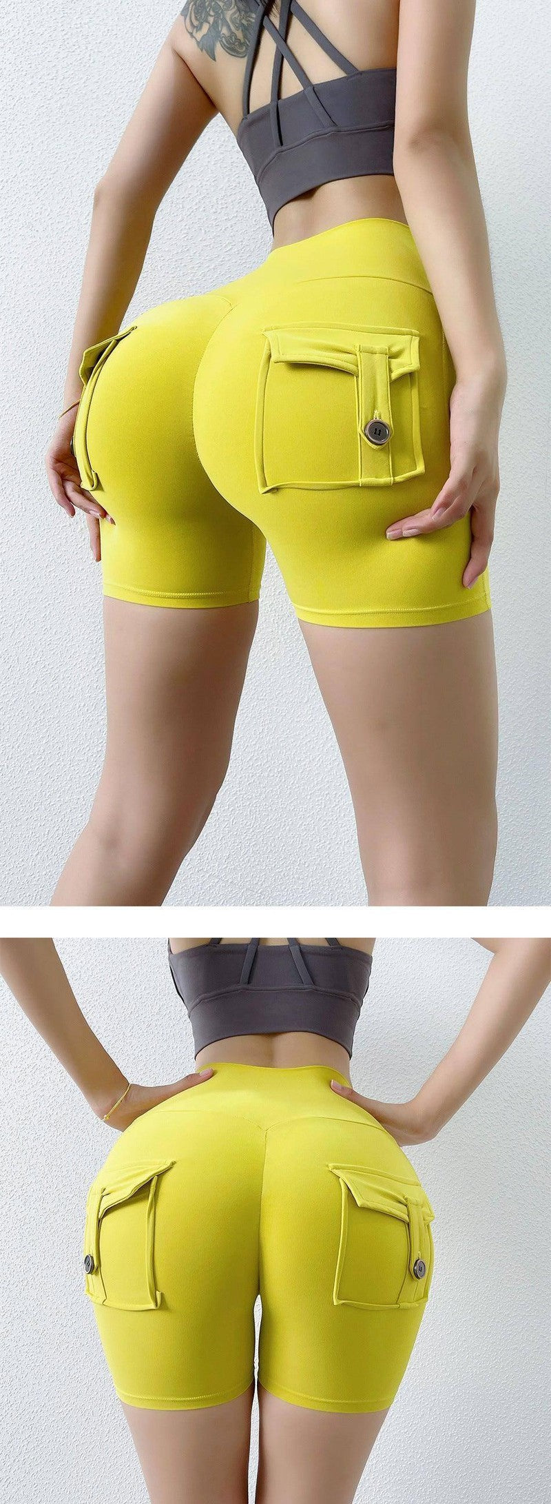 Internet Celebrity Nude Feel Pocket Shorts Yoga Pants-Apollo Yellow-11