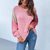 Irregular Color Matching Off-shoulder Sweater Women-Pink-3