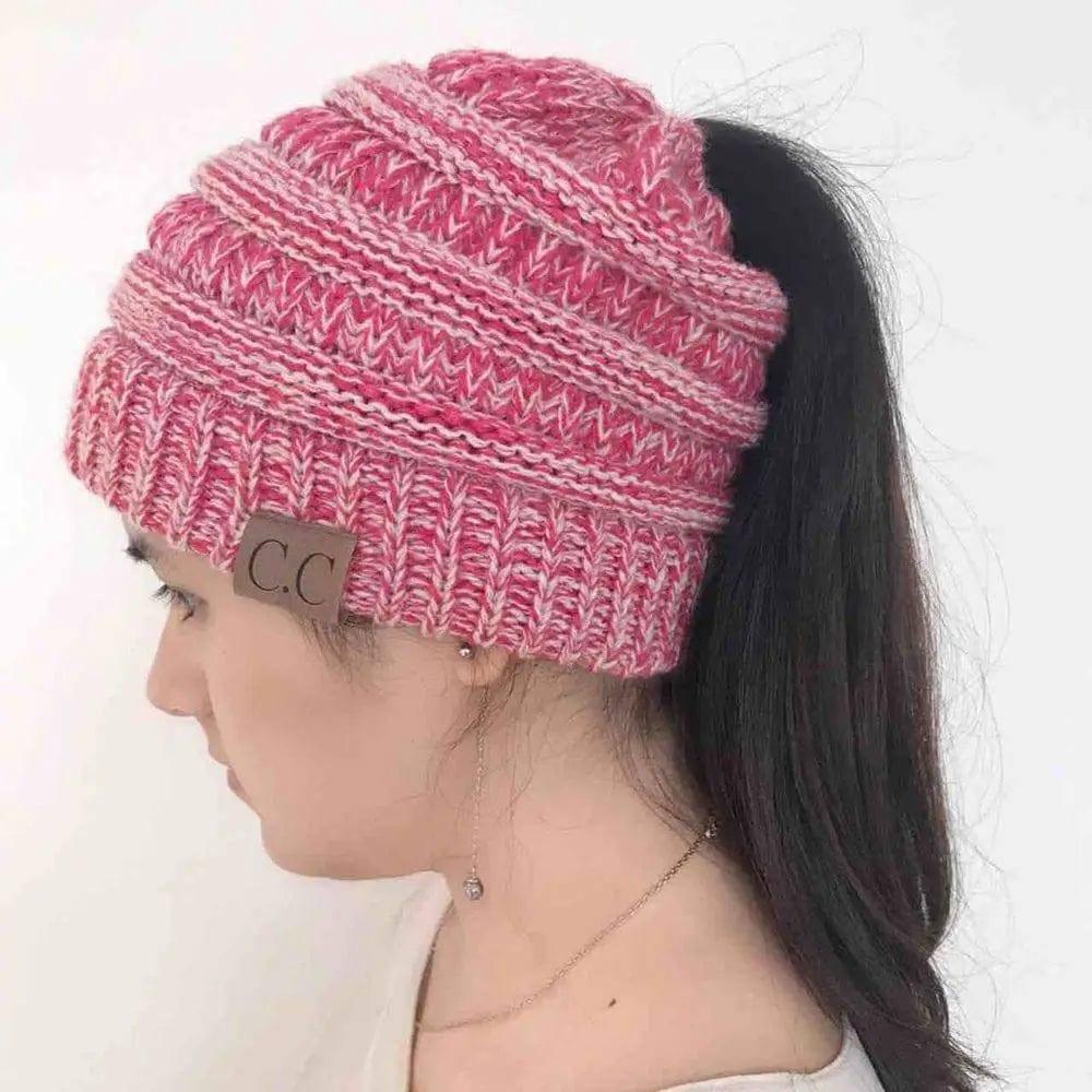 Knitted Ponytail Hat, Women's Wool Hat Fashion-RoseRed-3